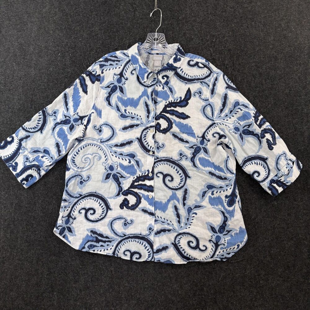 Chico's Blouse Women's 16 Blue White 100% Linen No Iron Paisley 3/4 Sleeve